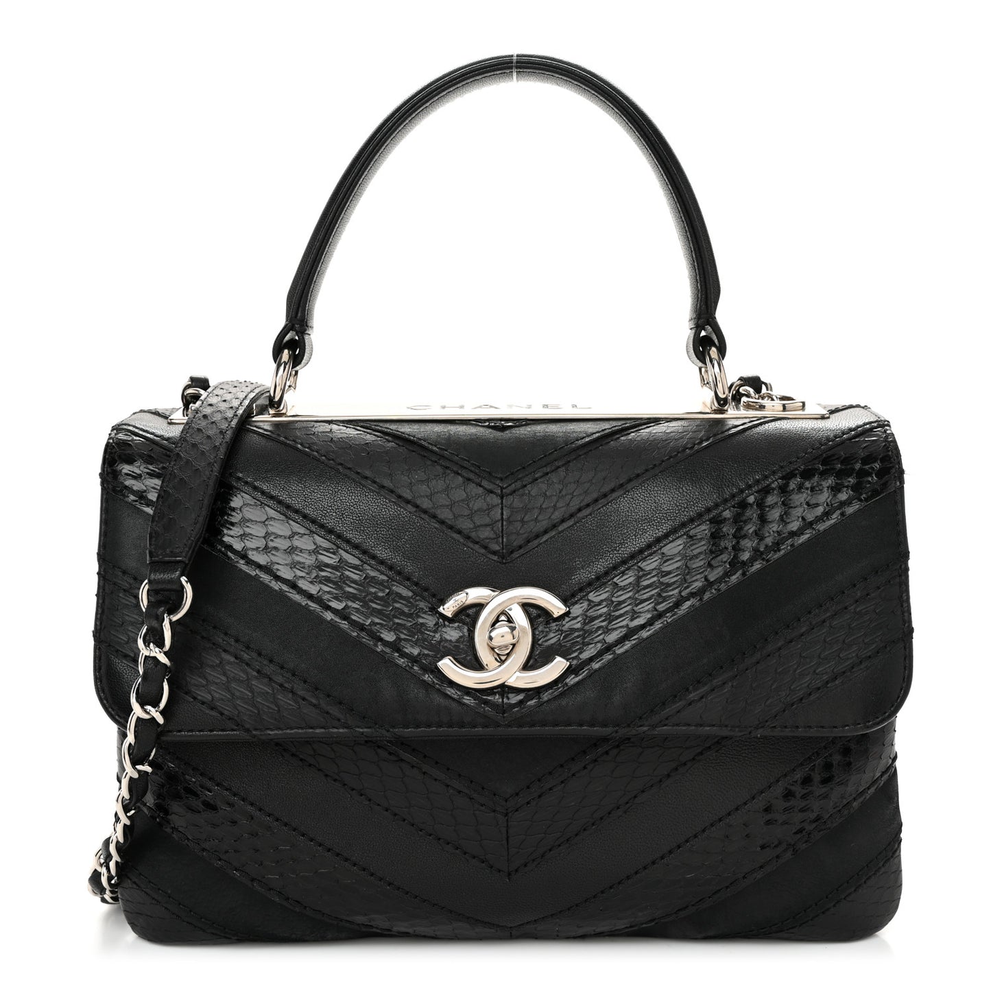 Calfskin Sheepskin Watersnake Chevron Quilted CC Small Trendy CC Dual Handle Flap Bag Black