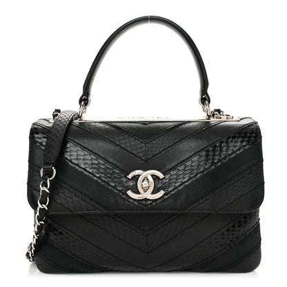 Chanel Calfskin Sheepskin Watersnake Chevron Quilted CC Small Trendy CC Dual Handle Flap Bag Black 2 of 28