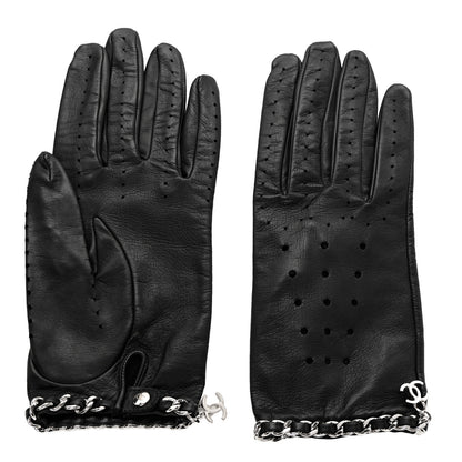 Chanel Lambskin Perforated Chain CC Gloves 8 Black 2 of 7
