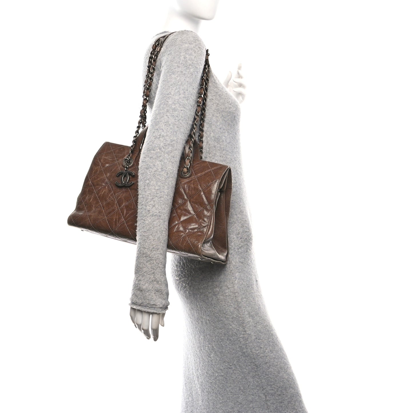 Crumpled Grained Calfskin Quilted CC Crave Tote Brown