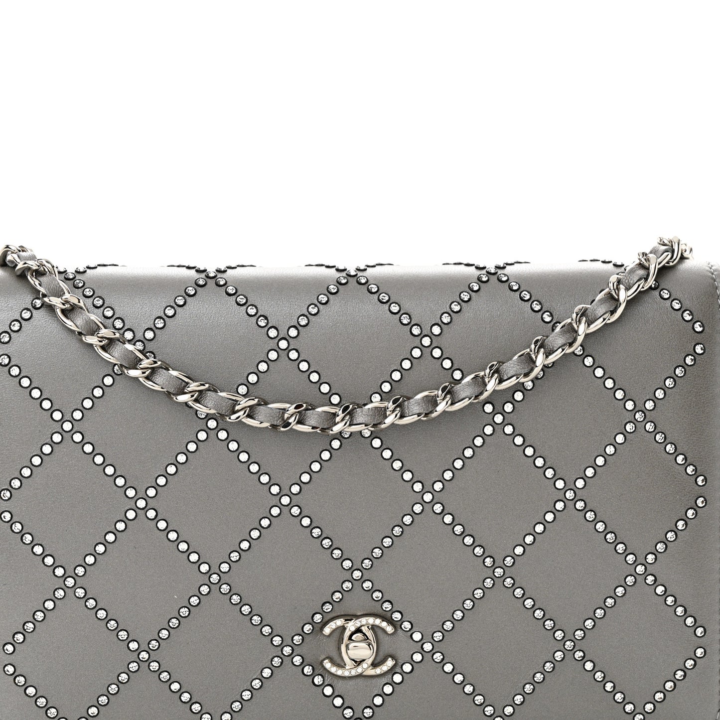Lambskin Crystal Quilted Wallet On Chain WOC Grey