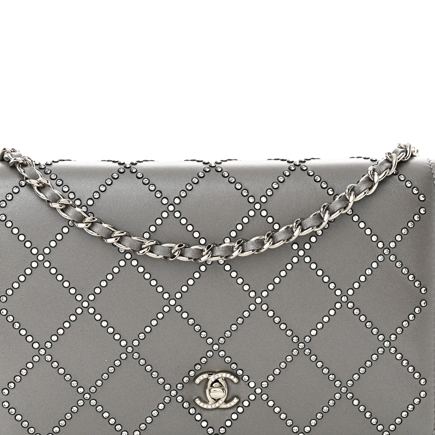 Chanel Lambskin Crystal Quilted Wallet On Chain WOC Grey 9 of 15