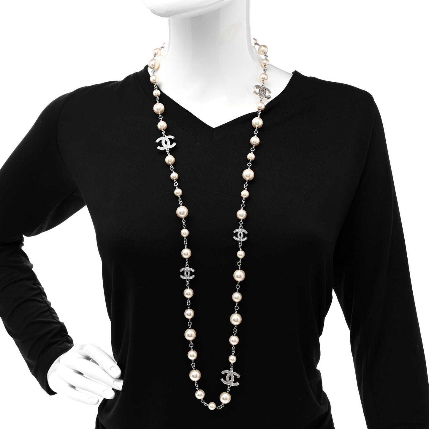 Graduated Pearl Crystal CC Long Necklace Silver