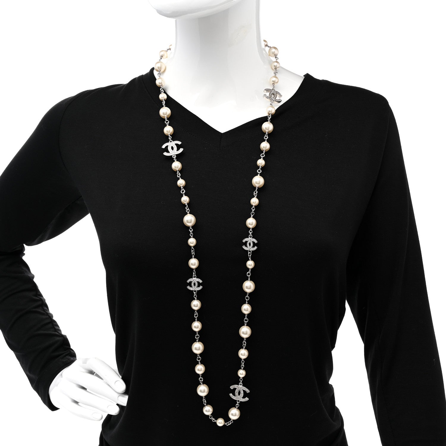 Chanel Graduated Pearl Crystal CC Long Necklace Silver 2 of 6