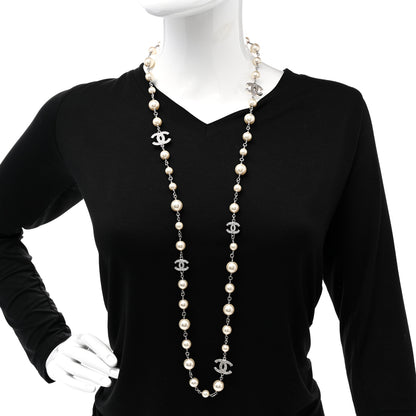 Chanel Graduated Pearl Crystal CC Long Necklace Silver 2 of 6