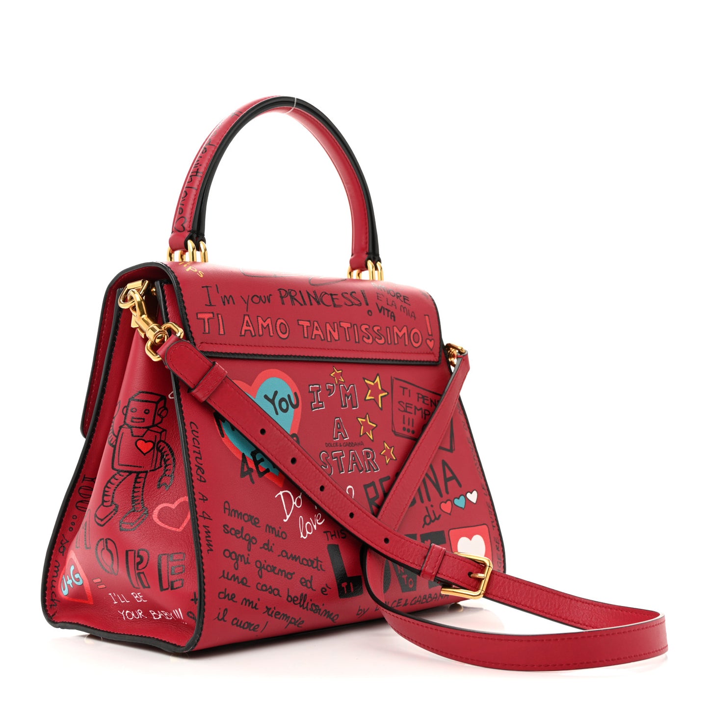 Calfskin Medium Graffiti Printed Welcome Satchel Rosso Multicolor