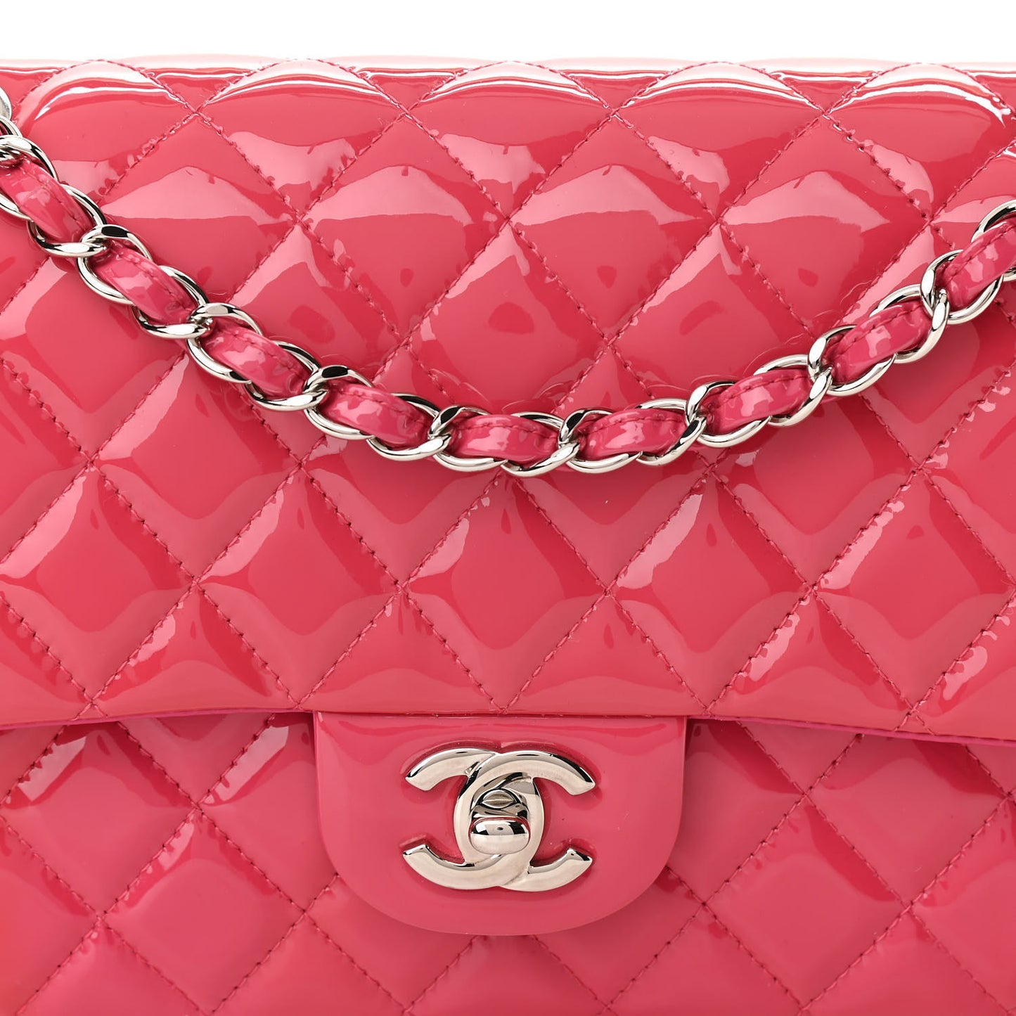 Patent Quilted Medium Double Flap Fuchsia