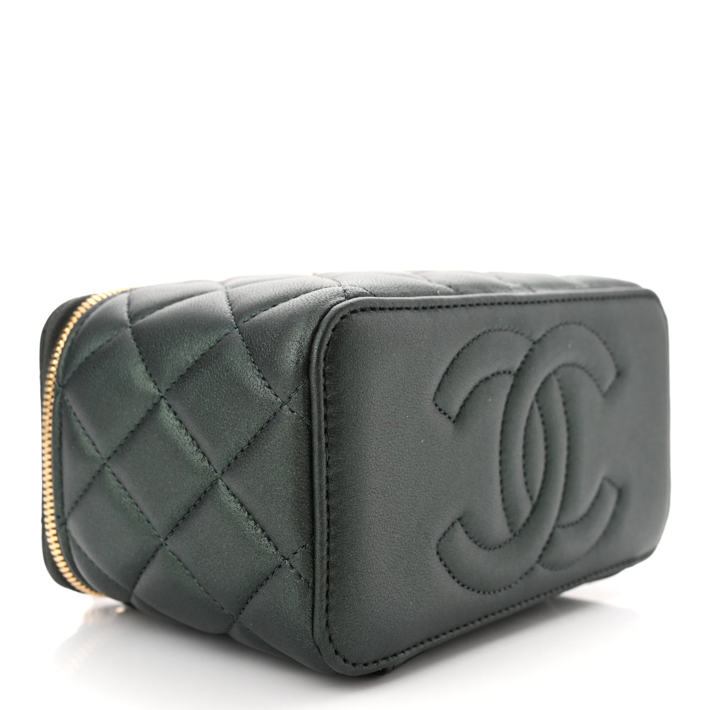 Iridescent Lambskin Quilted Small Top Handle Vanity Case With Chain Dark Green