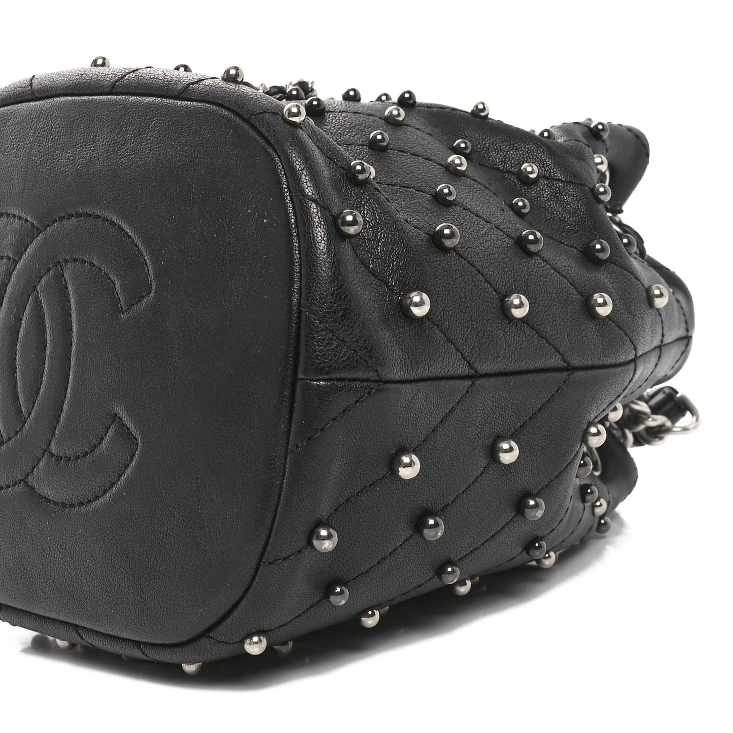 Lambskin Studded Chevron Quilted Small Stud Wars Drawstring Bag Black