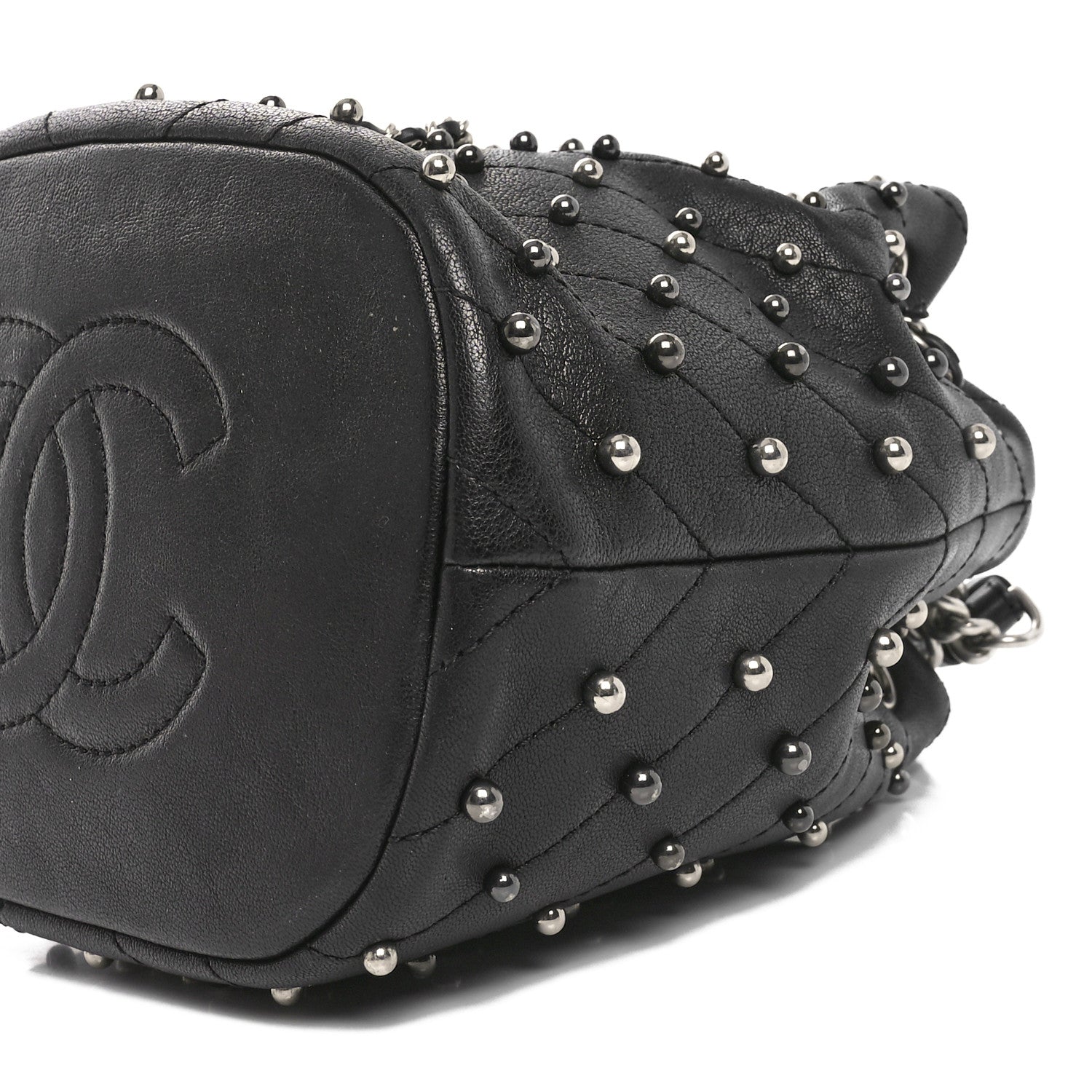 Chanel Lambskin Studded Chevron Quilted Small Stud Wars Drawstring Bag Black 10 of 10