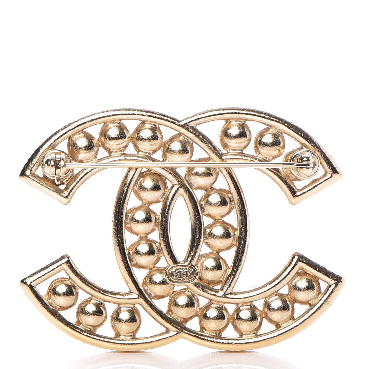 Pearl Crystal Baguette CC Brooch Gold