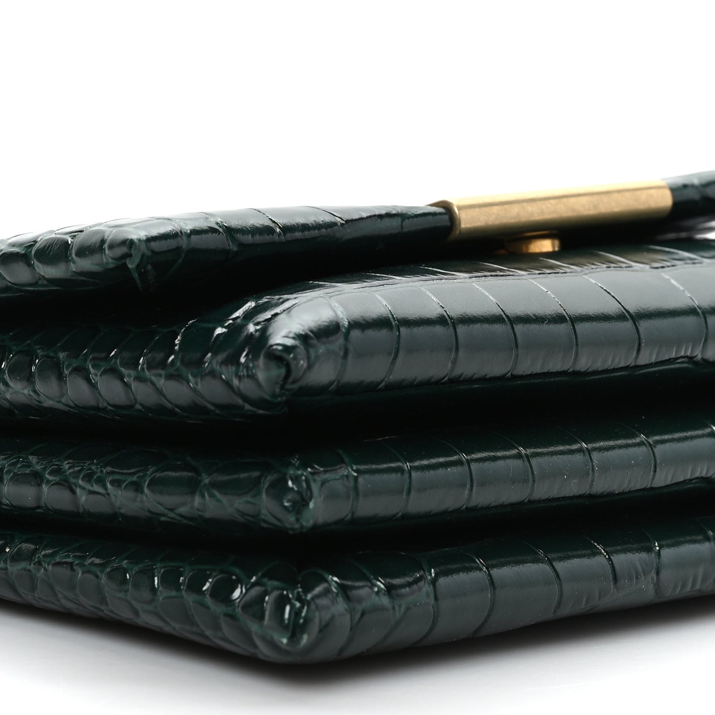 Shiny Extra Supple Calfskin Crocodile Embossed Small Triplet Bag Forest Green