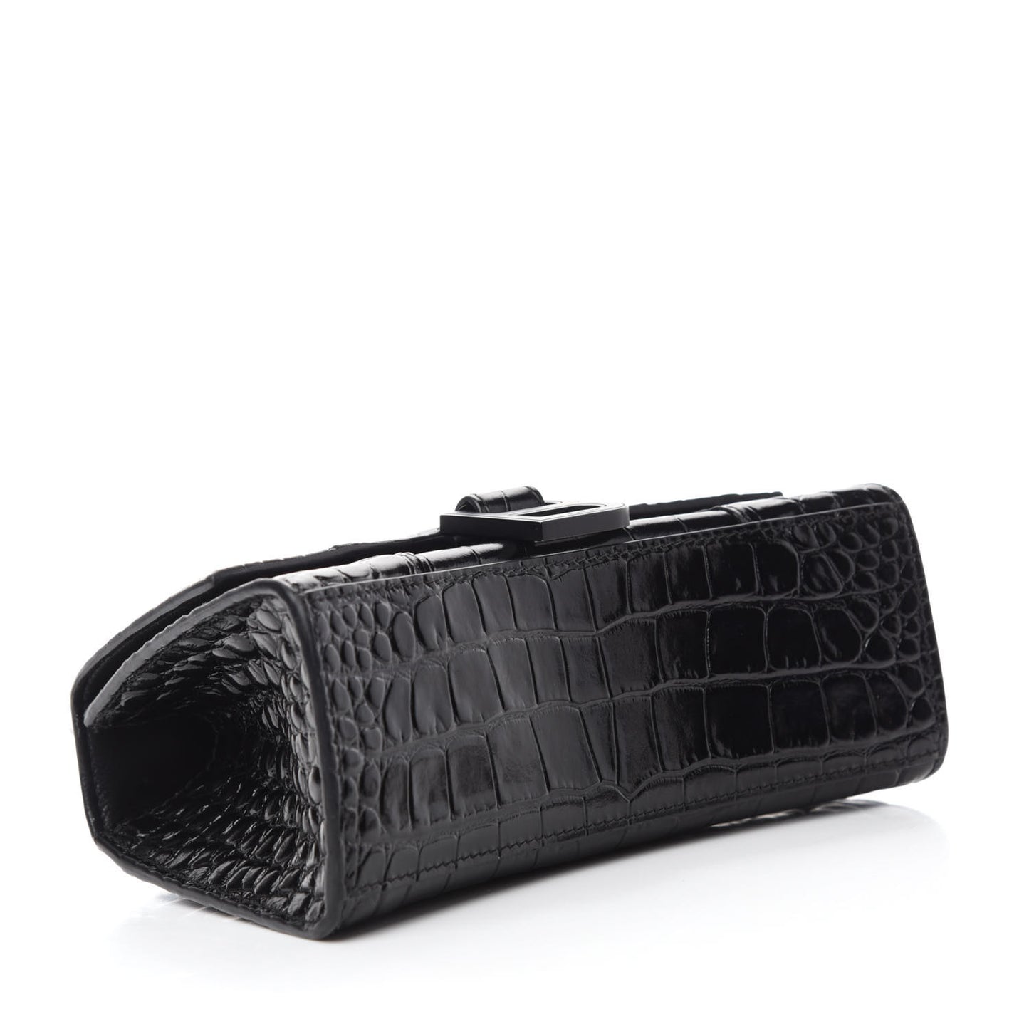 Shiny Calfskin Monochrome Crocodile Embossed Hourglass Top Handle Bag XS Black