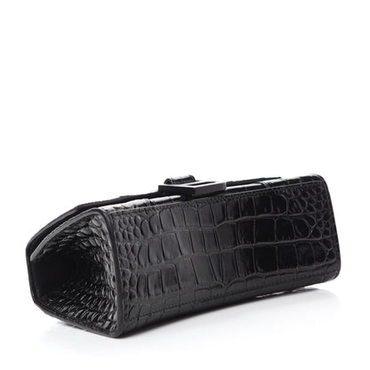 Balenciaga Shiny Calfskin Monochrome Crocodile Embossed Hourglass Top Handle Bag XS Black 4 of 12