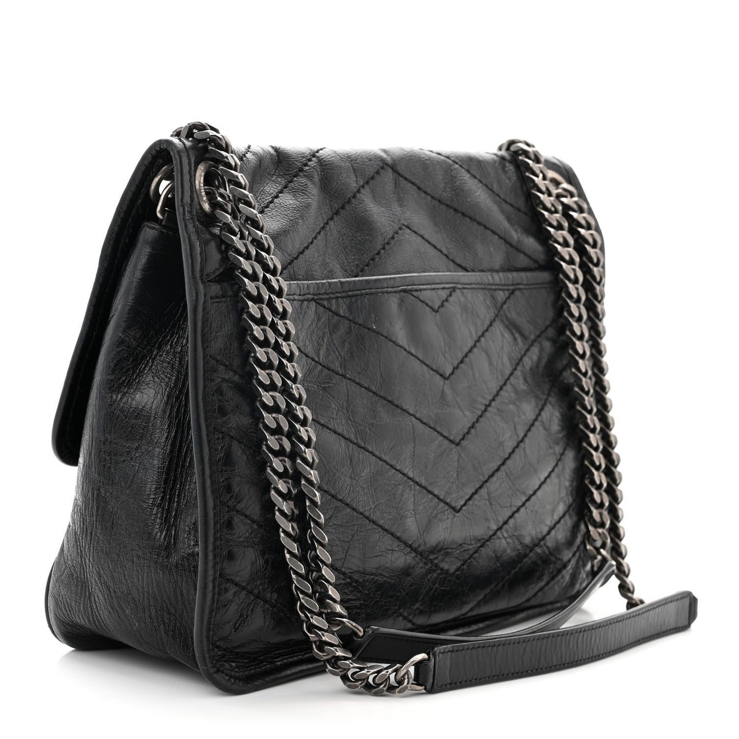 Crinkled Calfskin Matelasse Monogram Medium Niki Chain Satchel Black
