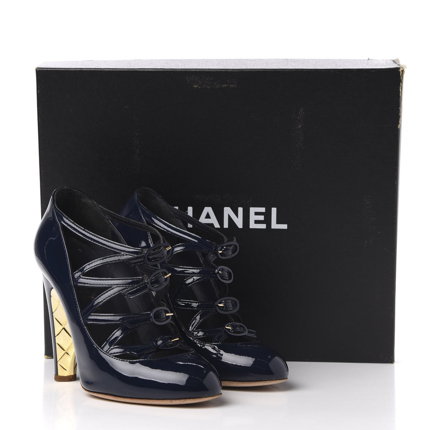 Patent Calfskin Quilted CC Strap Pumps 35 Navy Gold