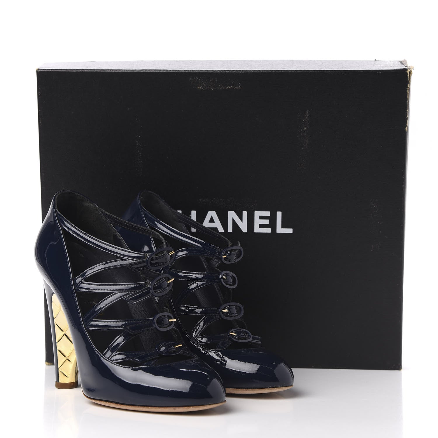 Chanel Patent Calfskin Quilted CC Strap Pumps 35 Navy Gold 9 of 10