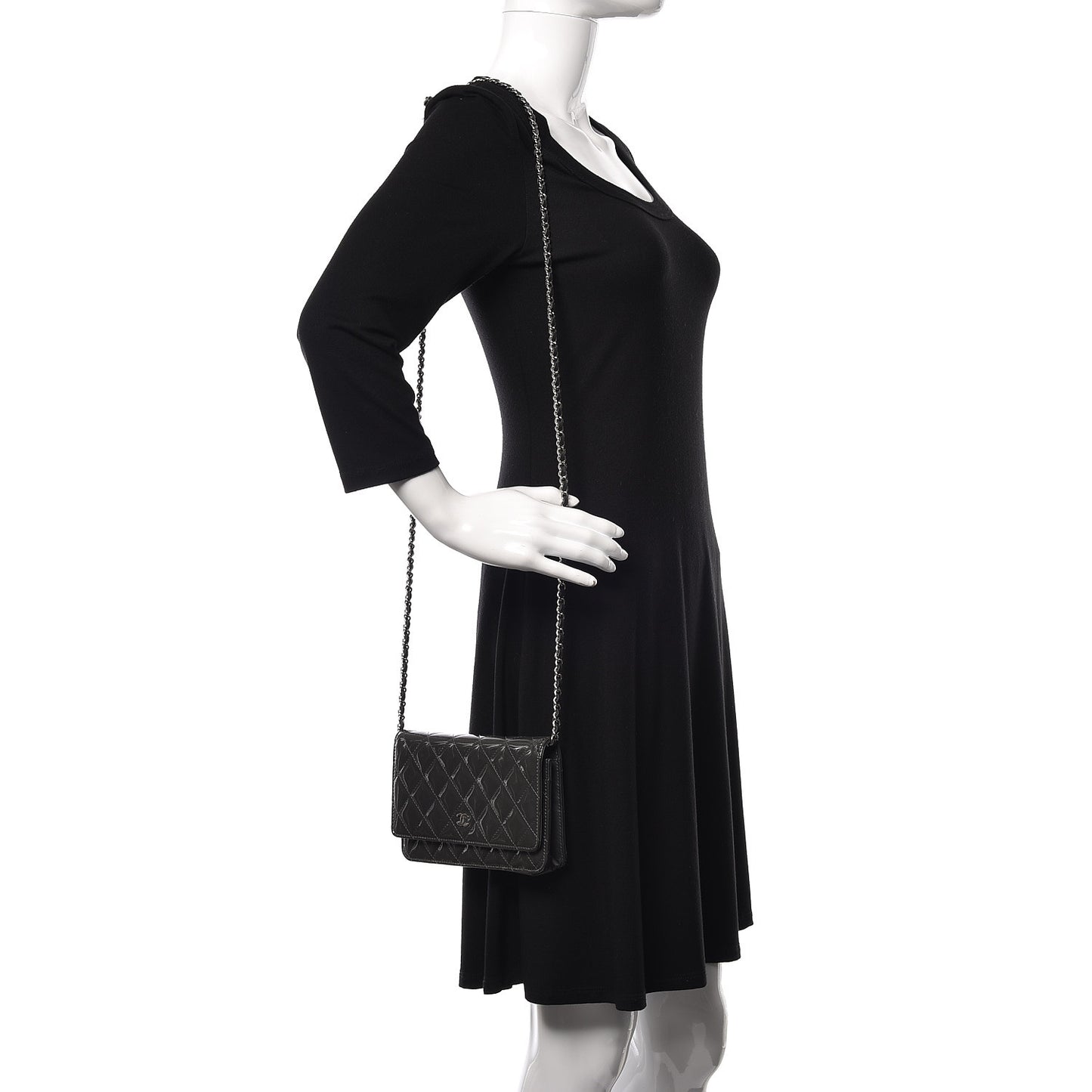 Patent Quilted Wallet On Chain WOC Dark Gray