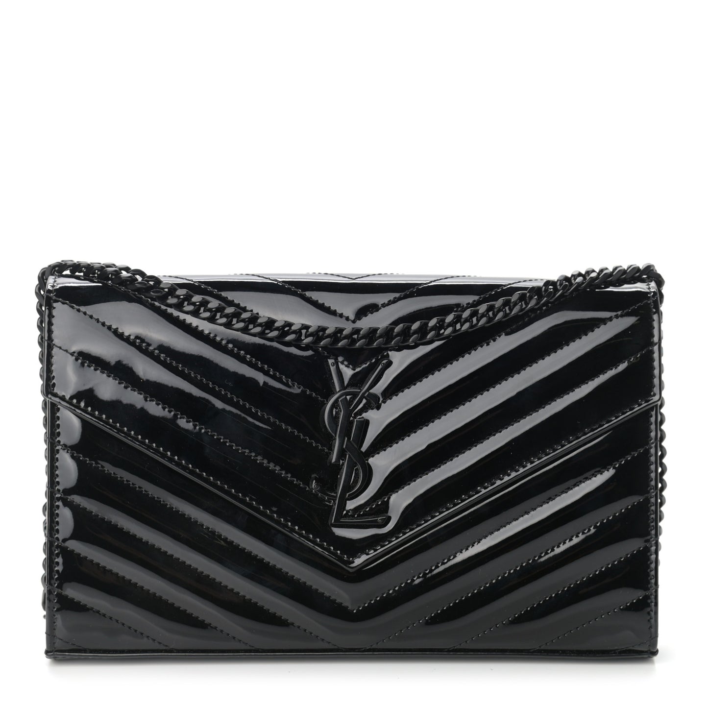 Patent Matelasse Chevron Monogram Chain Wallet Black