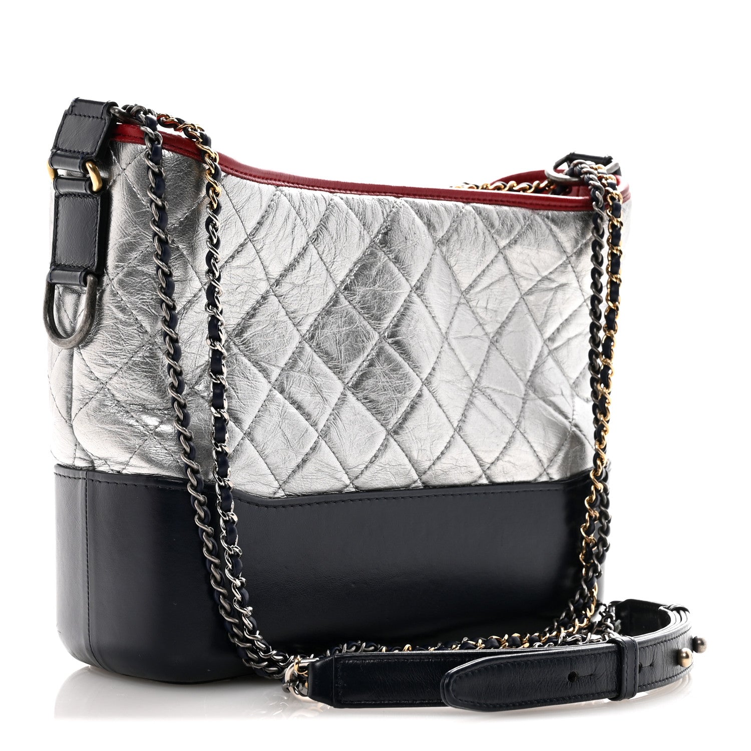 Chanel Metallic Aged Calfskin Quilted Medium Gabrielle Hobo Silver Navy Red 3 of 11