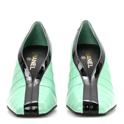 Chanel Crocodile Embossed Patent Calfskin Pumps 41 Green Black 3 of 9