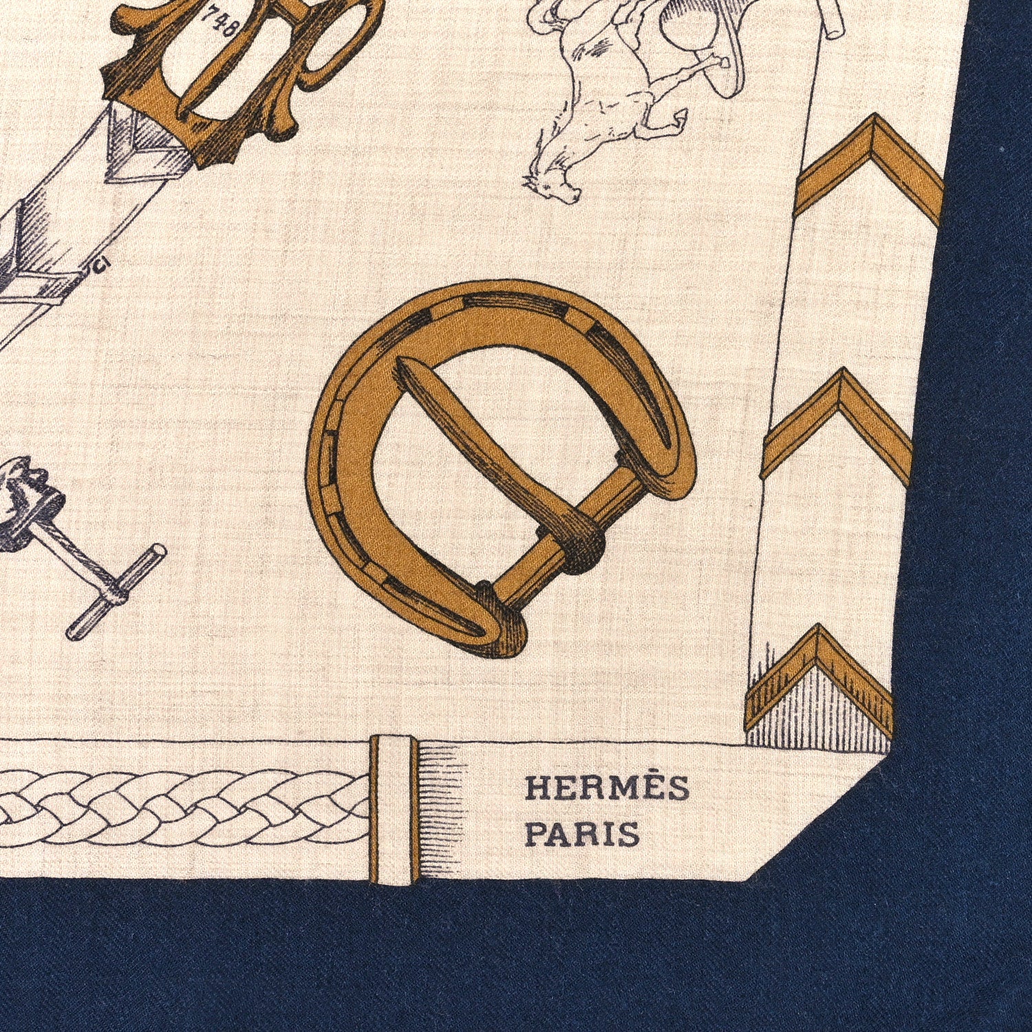 Hermes Cashmere Silk Chevaux Dechaines Shawl 140 Marine Naturel Gris 3 of 3