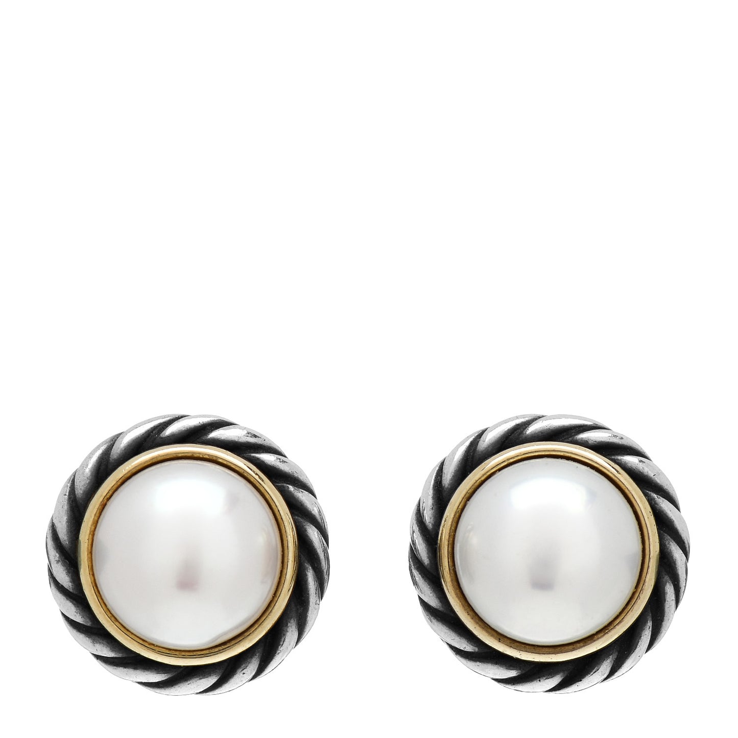 Sterling Silver 18K Yellow Gold Pearl 10mm Cable Earrings