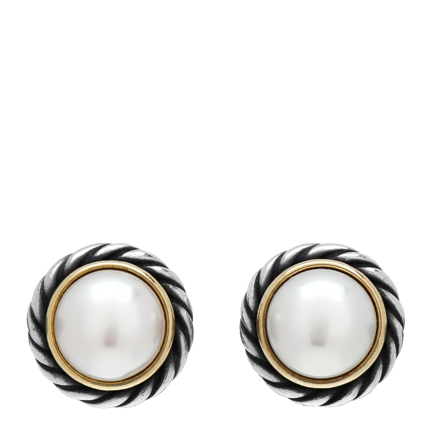 David Yurman Sterling Silver 18K Yellow Gold Pearl 10mm Cable Earrings 1 of 4