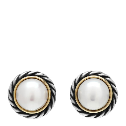 David Yurman Sterling Silver 18K Yellow Gold Pearl 10mm Cable Earrings 1 of 4