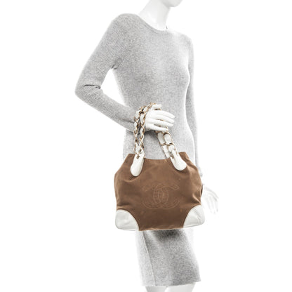 Chanel Canvas Calfskin CC Tote Brown White 2 of 6