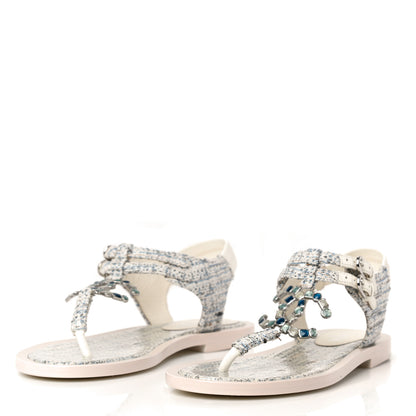 Chanel Tweed CC Thong Sandals 38 Ecru Blue Beige Grey 4 of 11