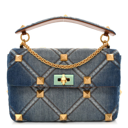 Valentino Garavani Denim Large Roman Stud Shoulder Bag Light Denim Selleria 1 of 9