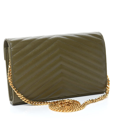 Saint Laurent Grain De Poudre Matelasse Chevron Monogram Chain Wallet Vert Kaki 3 of 10
