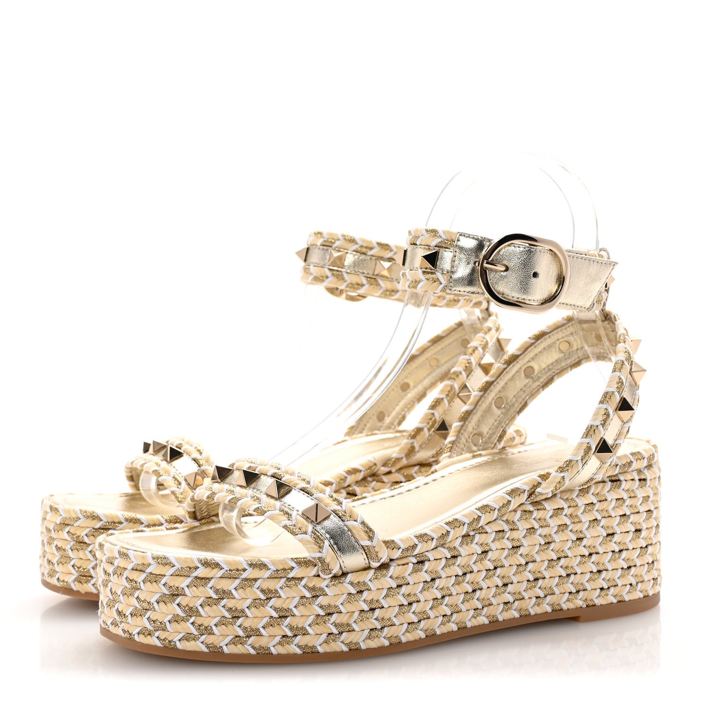 Laminated Nappa Rockstud Flatform Espadrille 45MM Sandals 36 Natural Ivory Gold Platinum