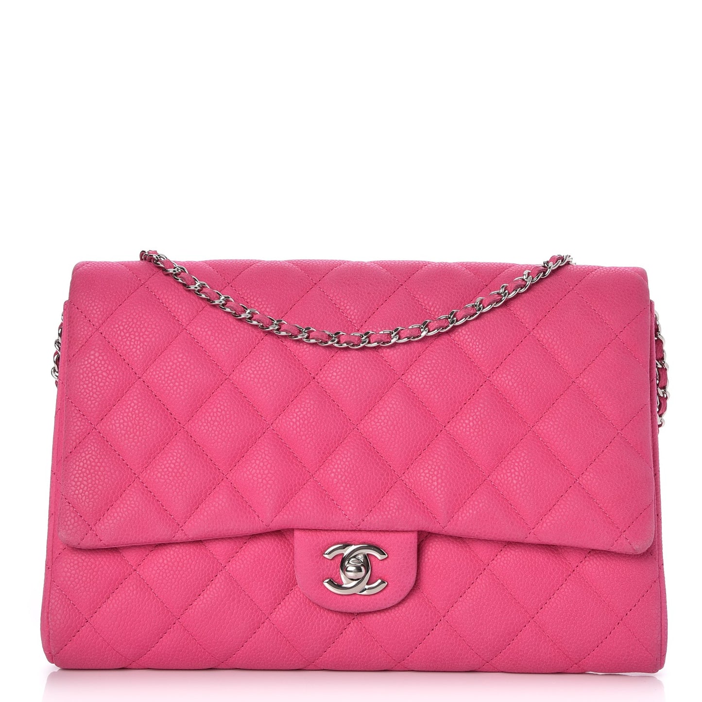 Iridescent Caviar Clutch with Chain Flap Pink