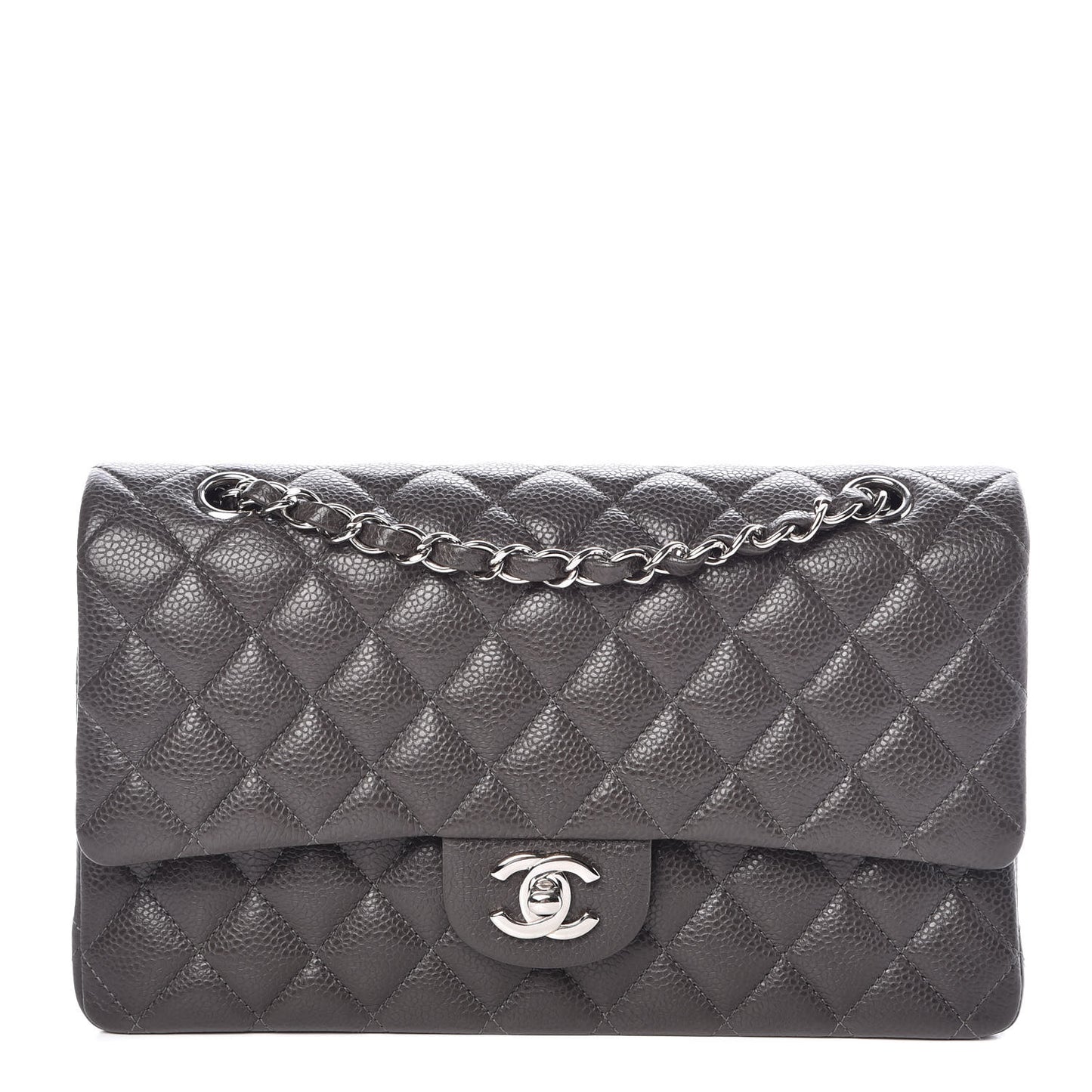 Caviar Quilted Medium Double Flap Dark Grey