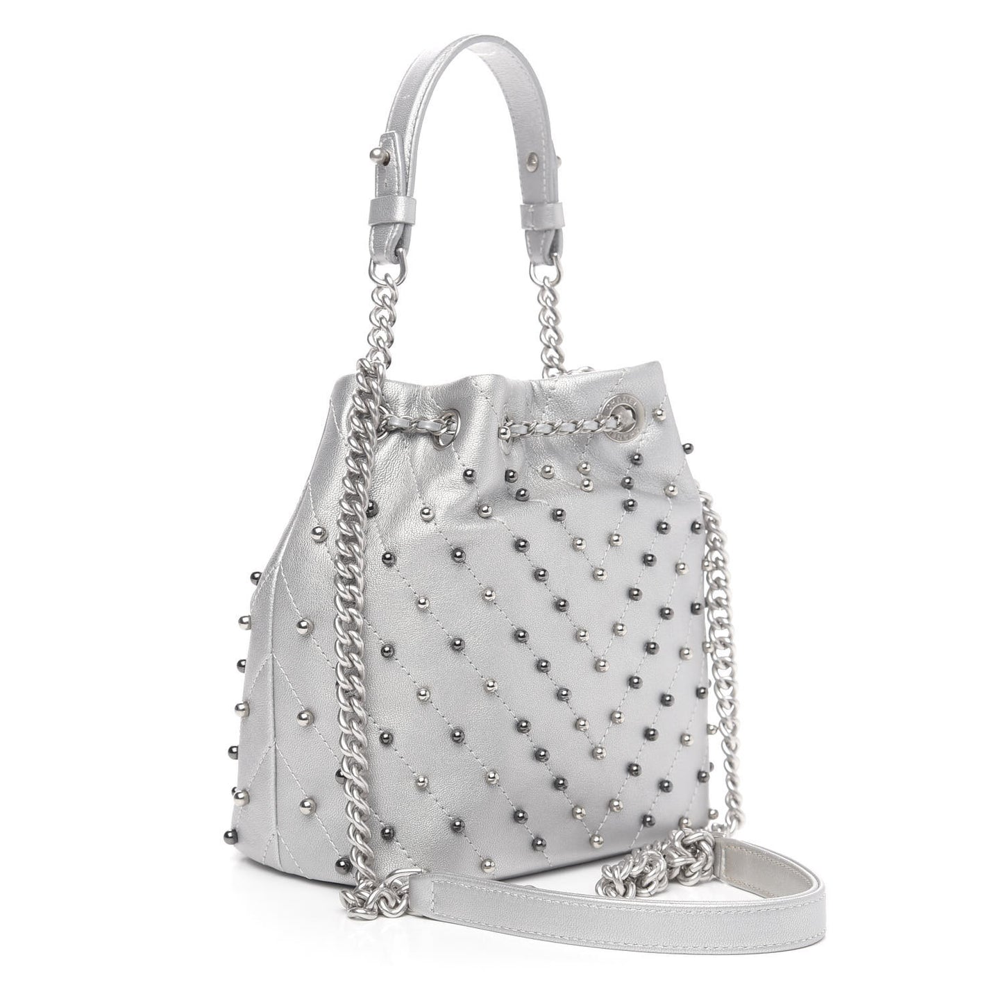 Metallic Lambskin Studded Chevron Quilted Small Stud Wars Drawstring Bag Silver