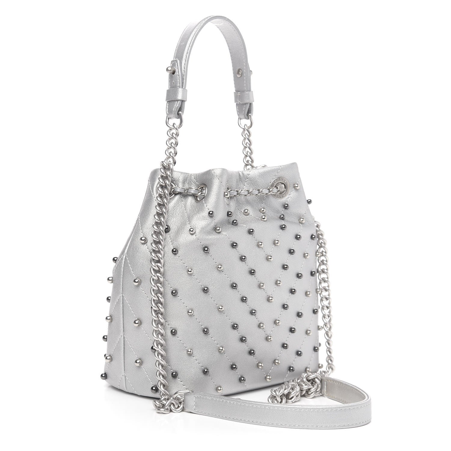 Chanel Metallic Lambskin Studded Chevron Quilted Small Stud Wars Drawstring Bag Silver 3 of 11