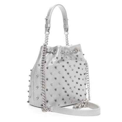 Chanel Metallic Lambskin Studded Chevron Quilted Small Stud Wars Drawstring Bag Silver 3 of 11