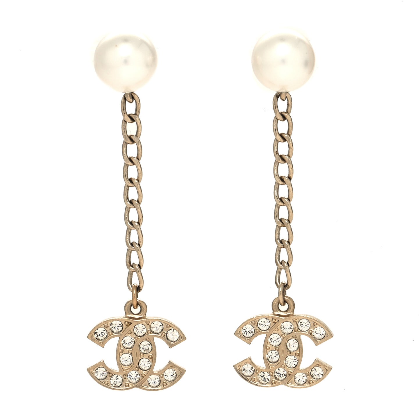 Crystal Pearl CC Drop Earrings Gold