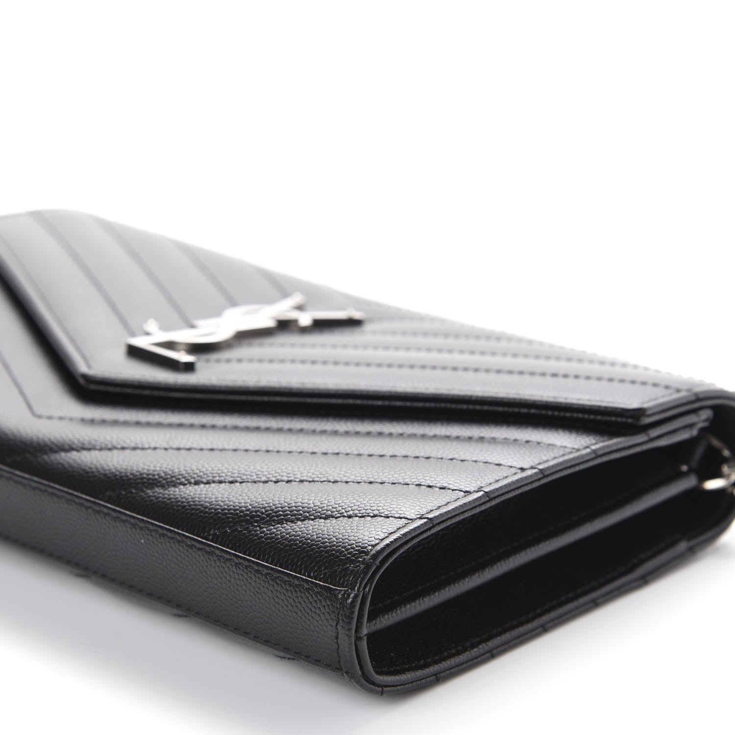 Saint Laurent Grain De Poudre Matelasse Chevron Monogram Chain Wallet Black 8 of 12