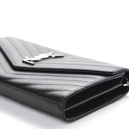 Saint Laurent Grain De Poudre Matelasse Chevron Monogram Chain Wallet Black 8 of 12