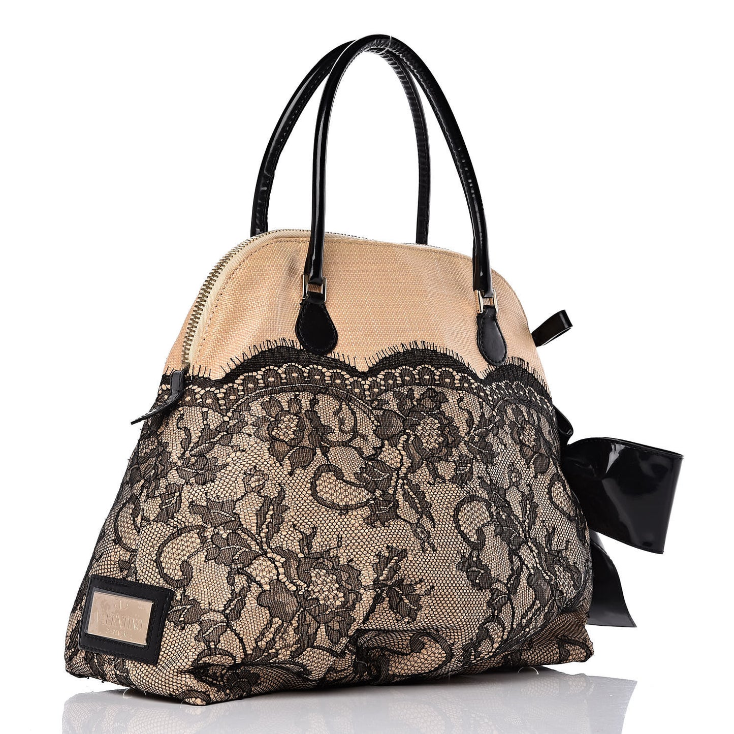 Straw Lace Bow Dome Tote Black