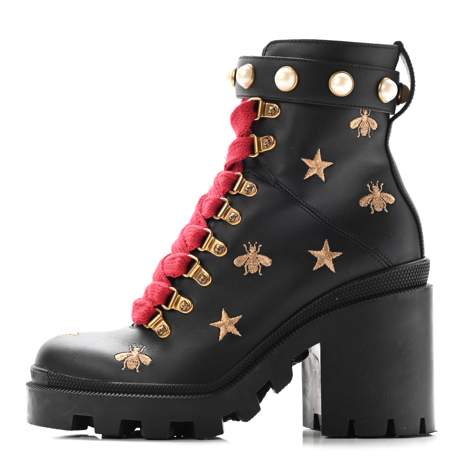 Gucci Calfskin Embroidered Lace Up Combat Ankle Boots 36 Black 1 of 16