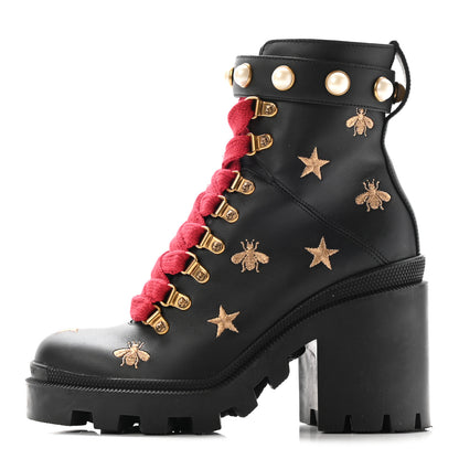 Gucci Calfskin Embroidered Lace Up Combat Ankle Boots 36 Black 1 of 16