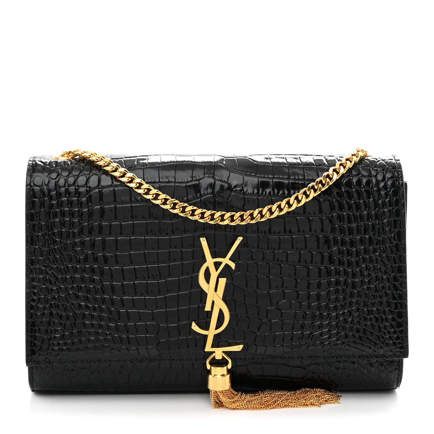 Saint Laurent Calfskin Crocodile Embossed Medium Classic Monogram Kate Tassel Satchel Black 1 of 10
