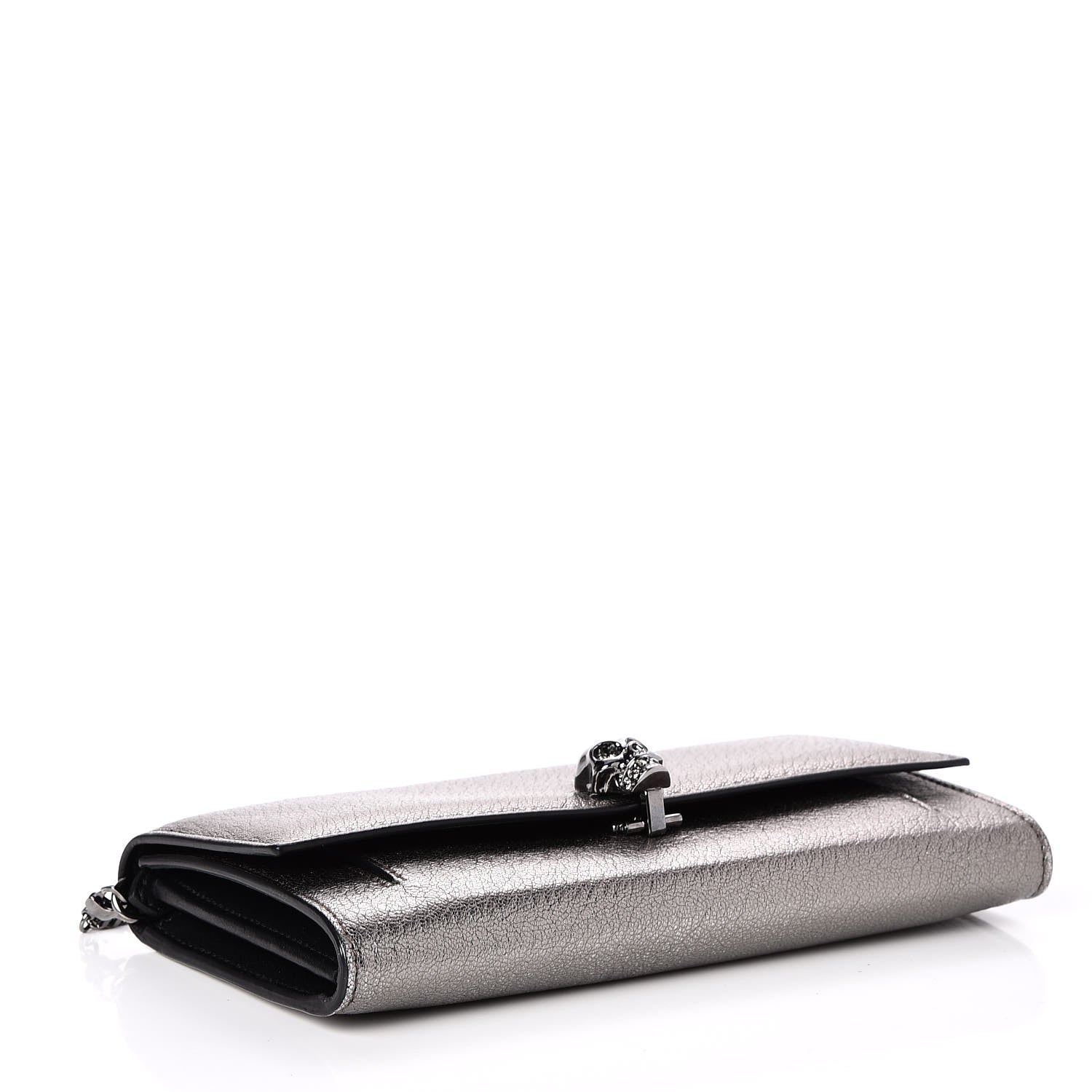 Alexander McQueen Metallic Calfskin Skull Wallet on Chain Black Pearl 4 of 7