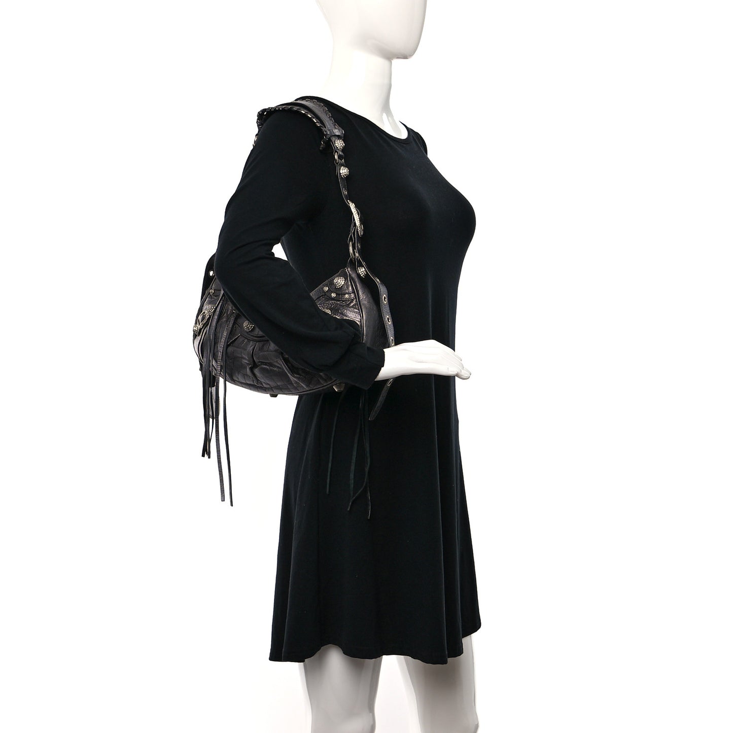 Metallic Calfskin Crocodile Embossed Crystal Small Le Cagole Shoulder Bag Gunmetal