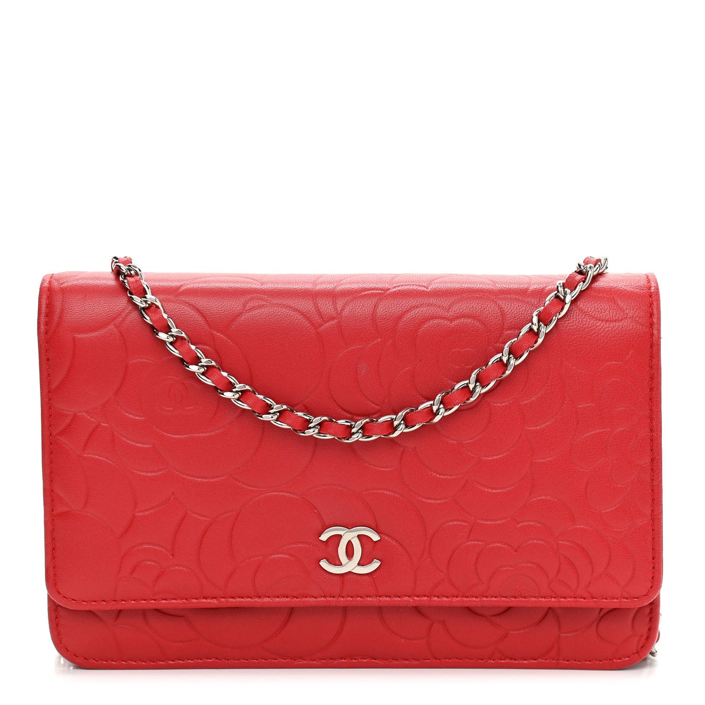 Lambskin Camellia Embossed Wallet On Chain WOC Red