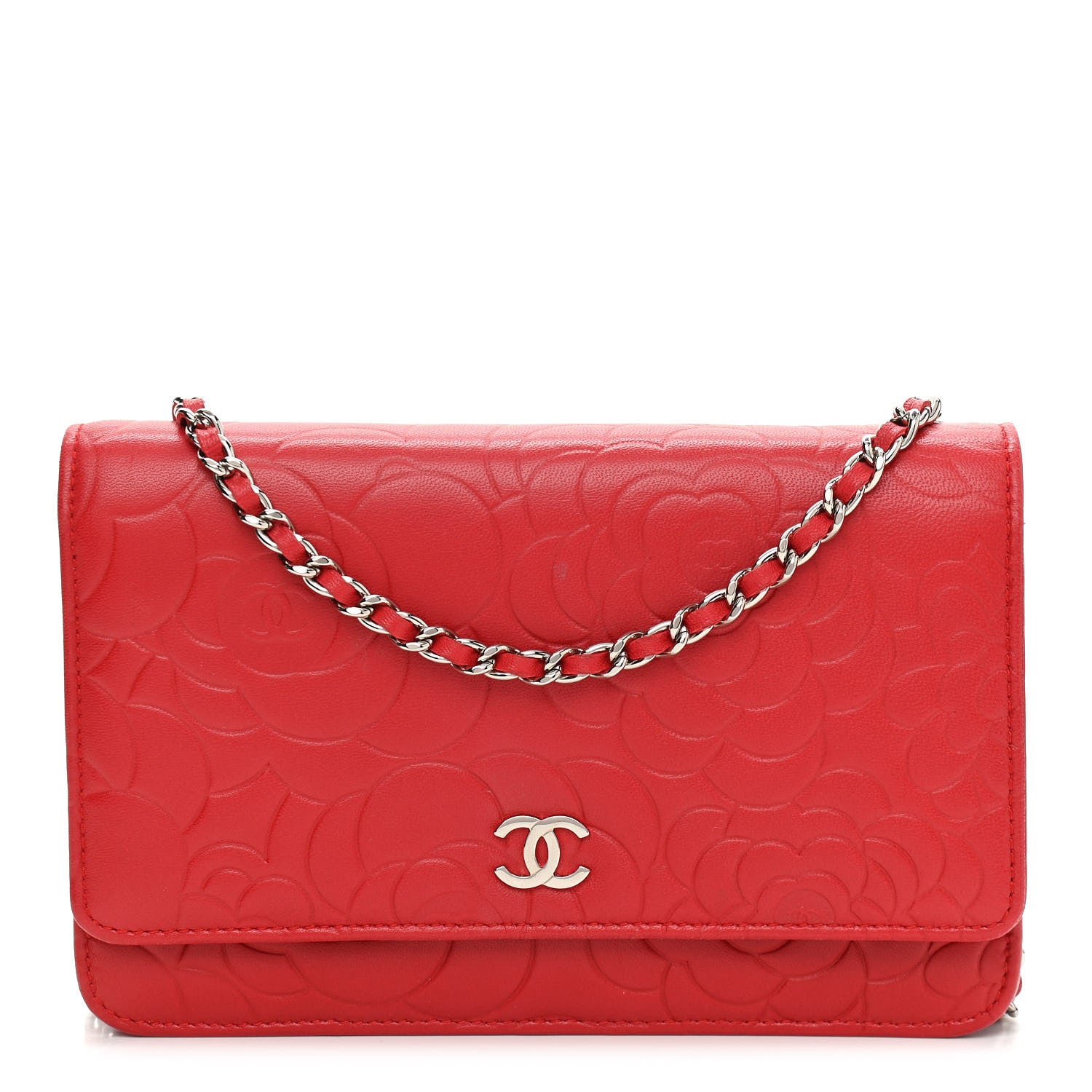 Chanel Lambskin Camellia Embossed Wallet On Chain WOC Red 1 of 17